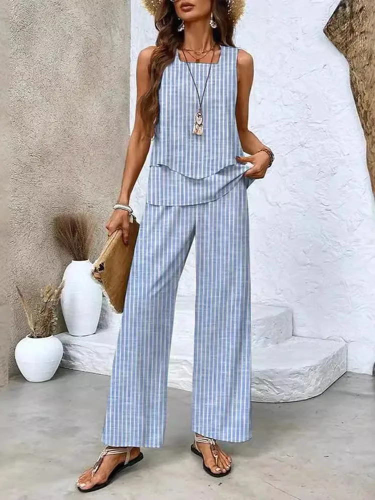 Summer Print Women Two Piece Set Fashion Top Sleevelss Elegant Suits Casual Office New Holiday Suit 2 Piece Set