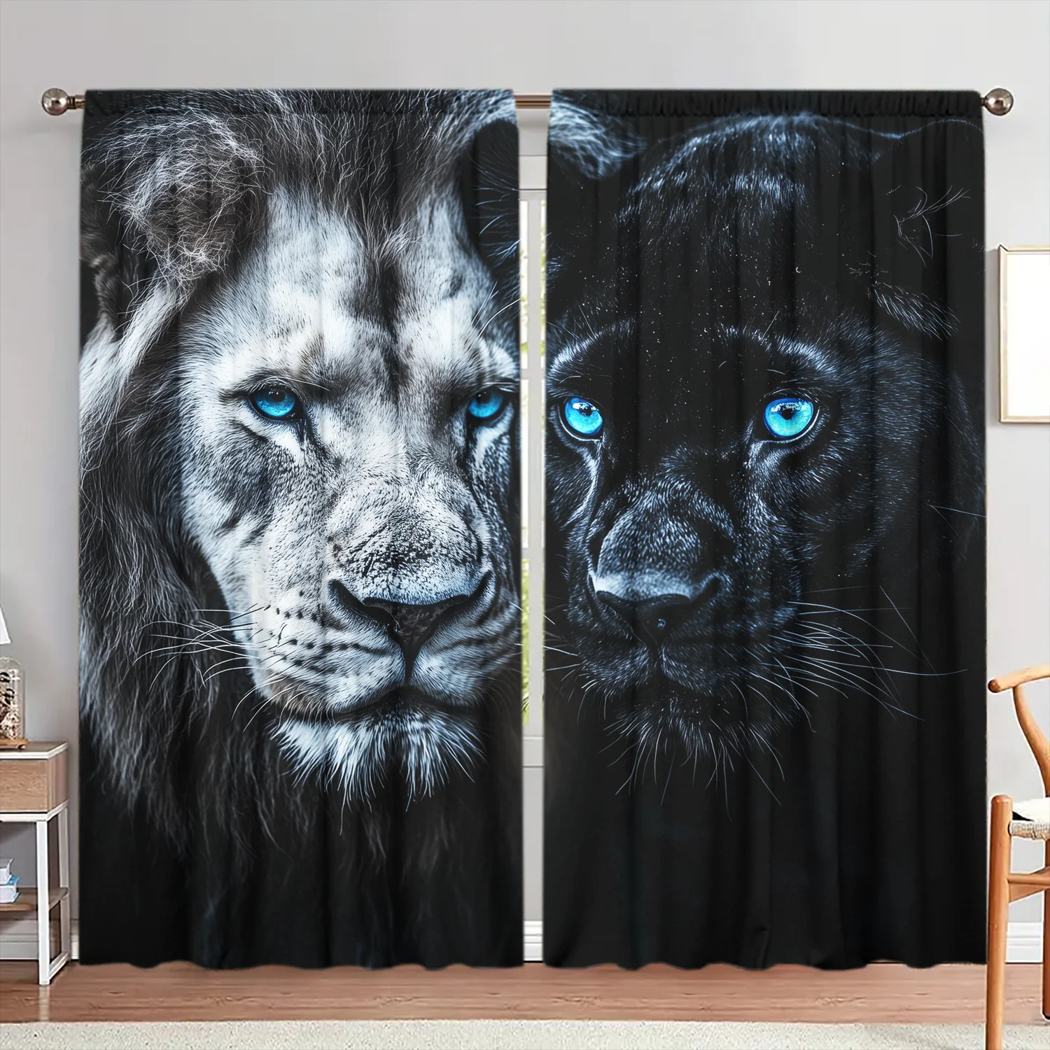 Blue Eyed Lion Black Panther Curtains 2 Panels, Monochrome Wild Animal Face Portrait Print Drapes Bedroom Man Cave Modern Decor