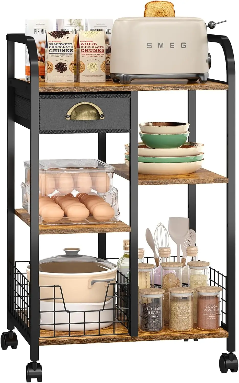 

Microwave Cart with Storage, Kitchen Island Cart with Table Top & Drawer, 3 Tier Rolling Utility Cart with Adjustable 2