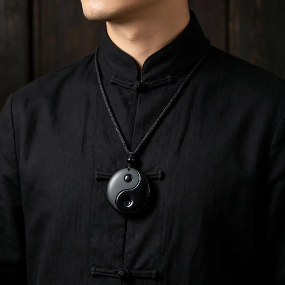 Fashion Black Yin Yang Necklace Daily Wear Amulet Tai Chi Pendant Stone Lucky Obsidian Necklace Men Women