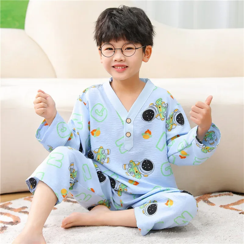 

New 2025 Kids Summer Thin Pajamas Loungewear Boys Girls Cute Cartoon Print Long Sleeve V-neck Casual Sleepwear Clothing Sets