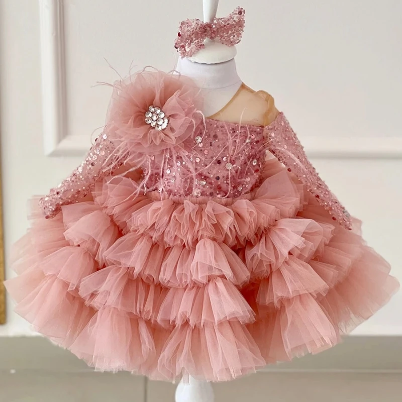 

Flower Girl Dress Cute Pink Sparkly Top Puffy Sequin Beads With Bow Fit Wedding Party First Holy Communion Gowns