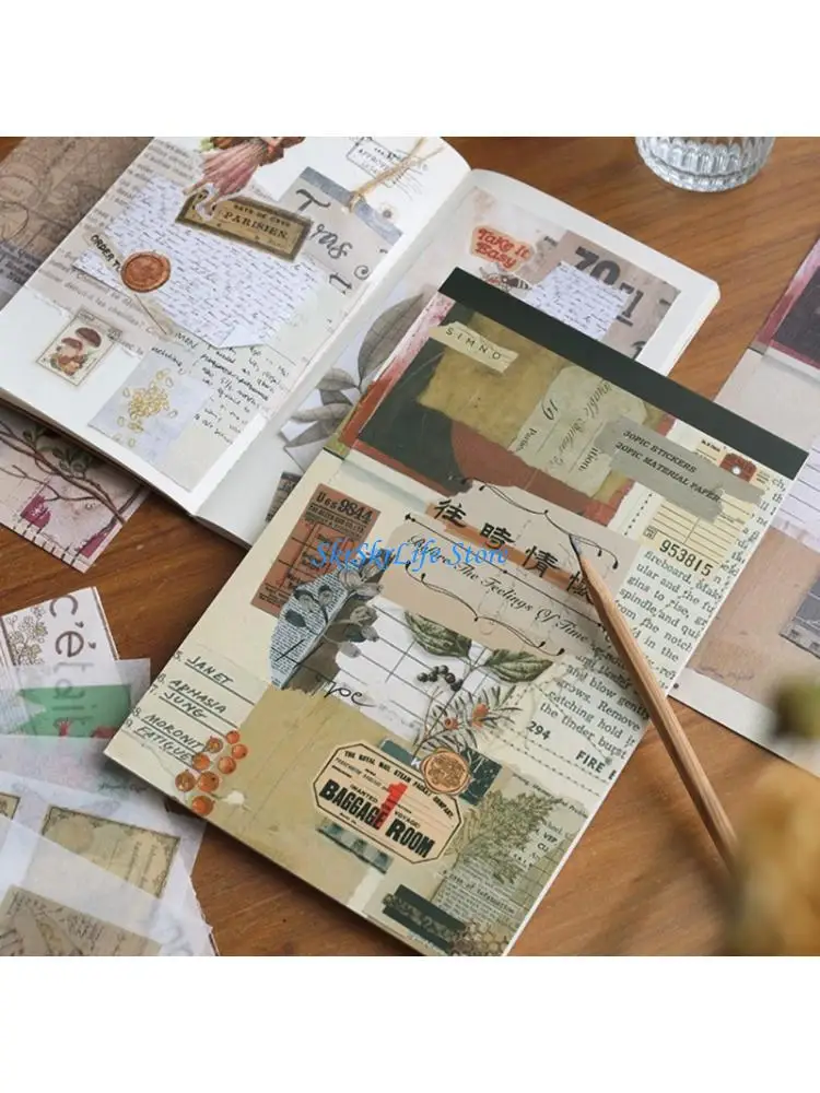 E65E 50Sheets Retro Journaling Sticker Adhesive Tape Decorative Scrapbooking Paper
