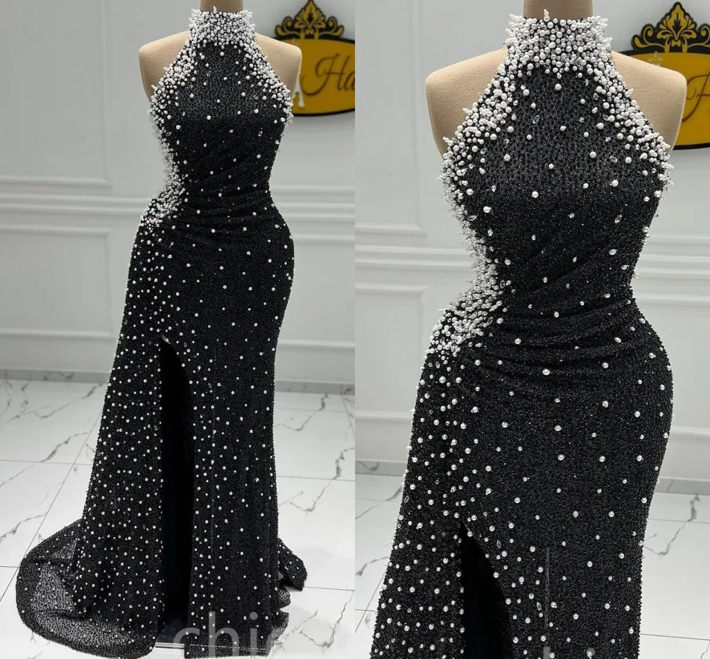 

Luxury Black Mermaid Prom Engagement Dress 2025 High Neck Beaded Pearls Evening Formal Gowns African Robe De Soirée