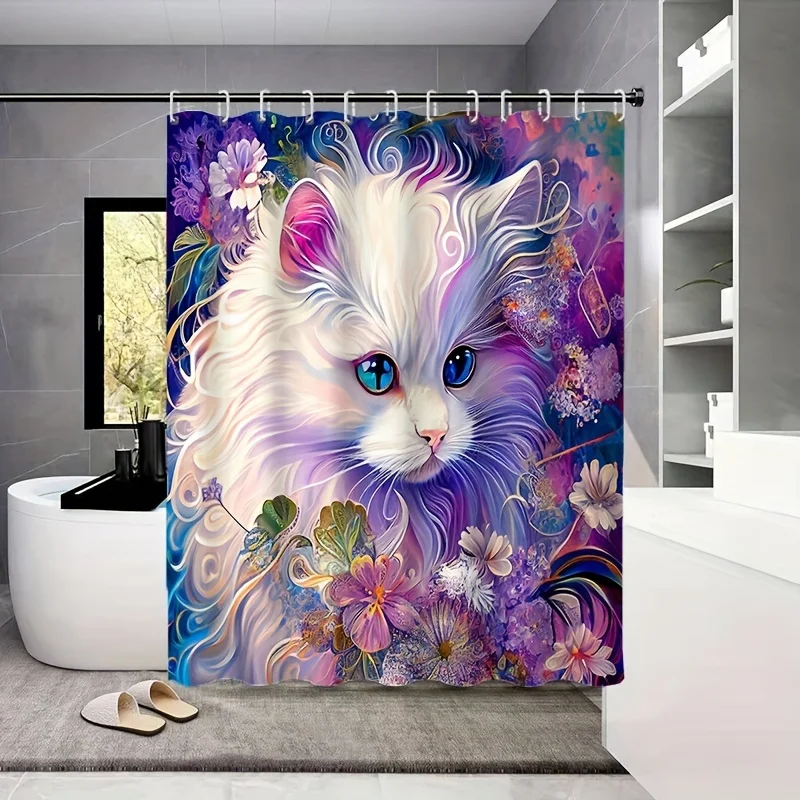 1PC hand-painted color cat digital printed, polyester waterproof shower curtain, bathroom partition, room decor