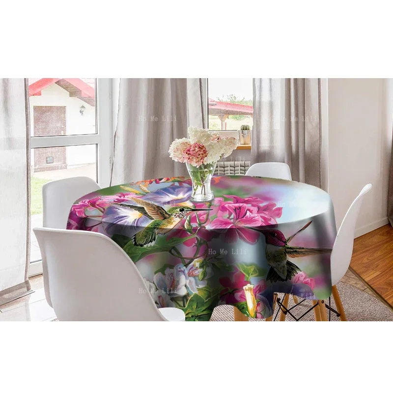 Spring Flowers And Birds Flying Hummingbird Colorful Trees Nature Modernist Waterproof Round Tablecloth By Ho Me Lili