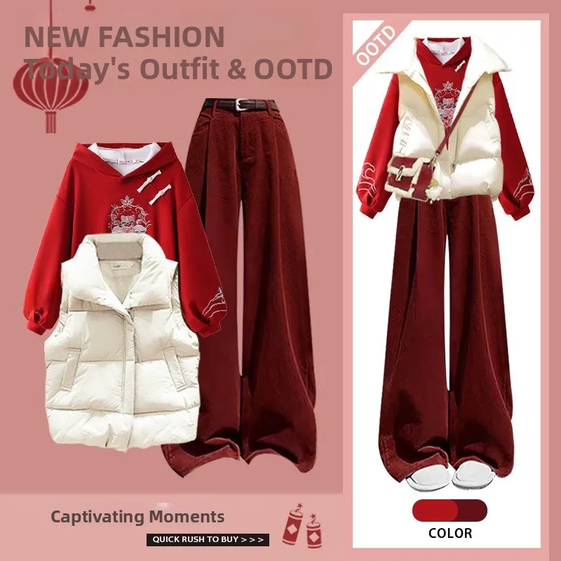 

Autumn Winter Women's New Style Chinese National Style Button Hoodie Cotton Vest Casual Pants Three Piece Set High Waist Poly...