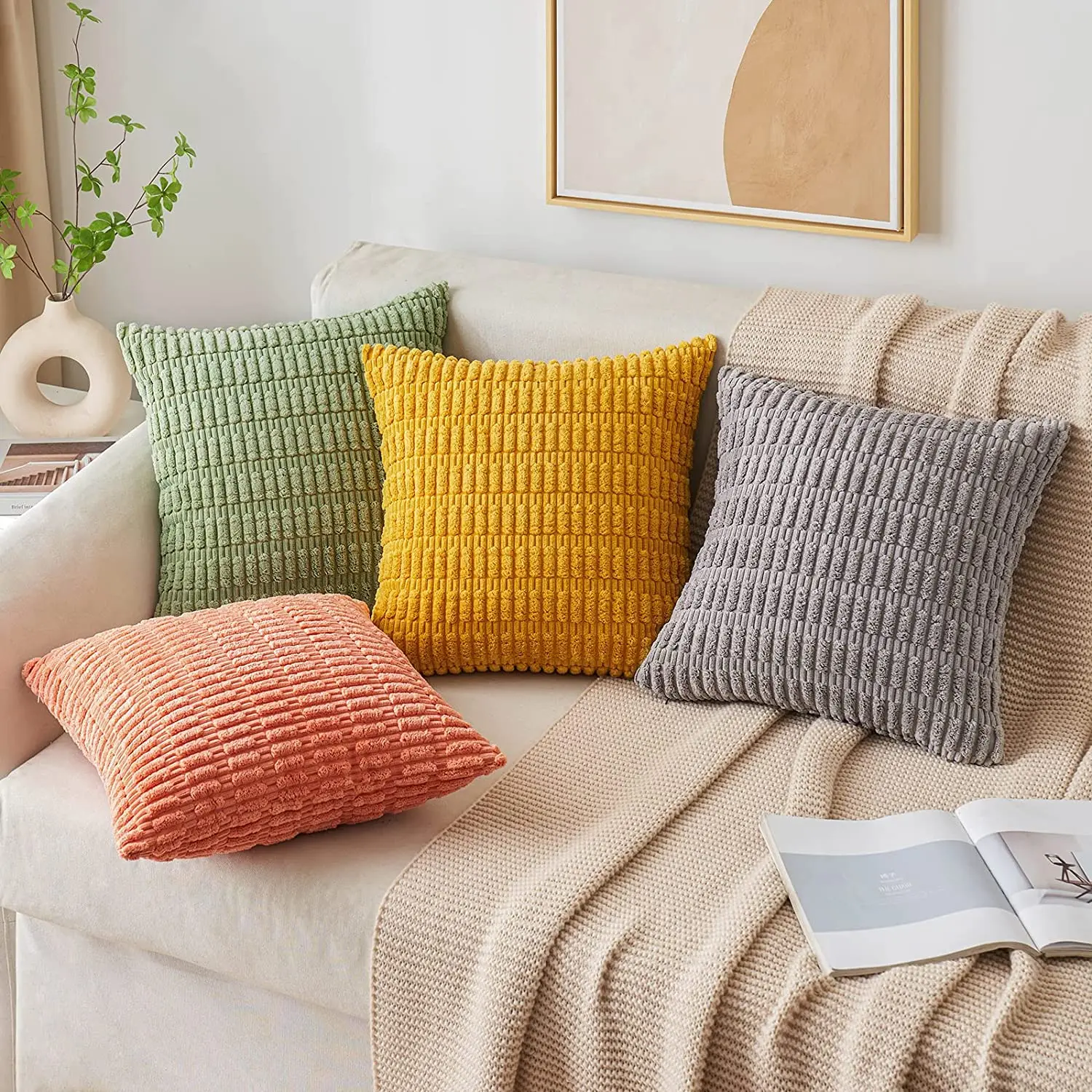 Corduroy Decorative Throw Pillow Covers 18x18 Inch Soft Striped Pillow Covers Modern Farmhouse Home Decor for Sofa Living Room