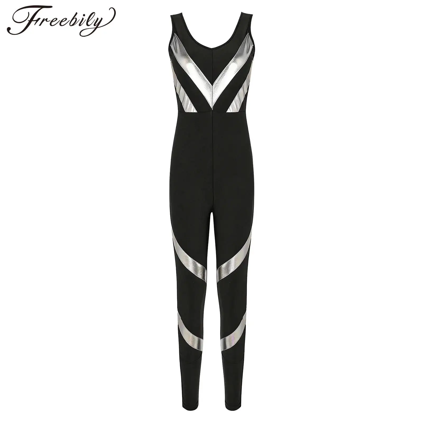 

Женский комбинезон для йоги с металлическими полосками, лоскутный дизайн, V-образный вырез, без рукавов, цельный, с цветовыми блоками, для тренировок