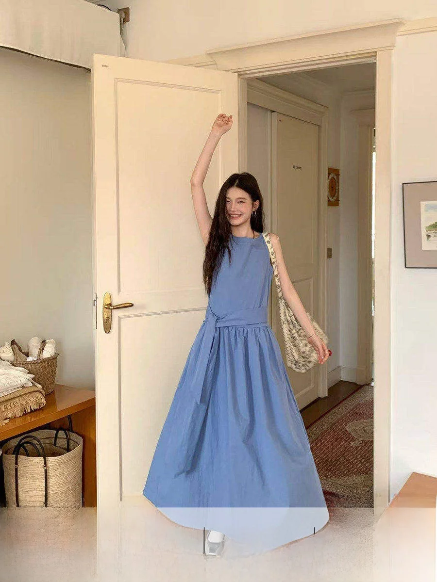 

Blue Sleeveless Vest Dress Belt Design Slimming Simple Long Dress Linyunyun Casual High Waist Cotton A-Line Skirt Spring Summ...
