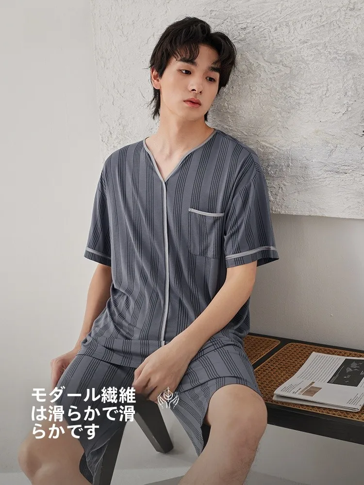 xuanjiang-men's-summer-lightweight-modal-ice-silk-casual-striped-sleepwear-set-short-sleeve-shorts-home-clothes-comfortable