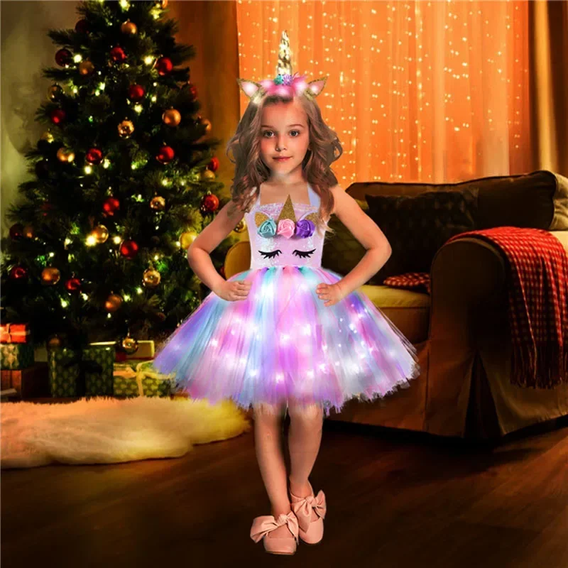 Rainbow unicorn dress girls LED light flower birthday party Tutu outfits kids Halloween Christmas Unicorn costume with headband