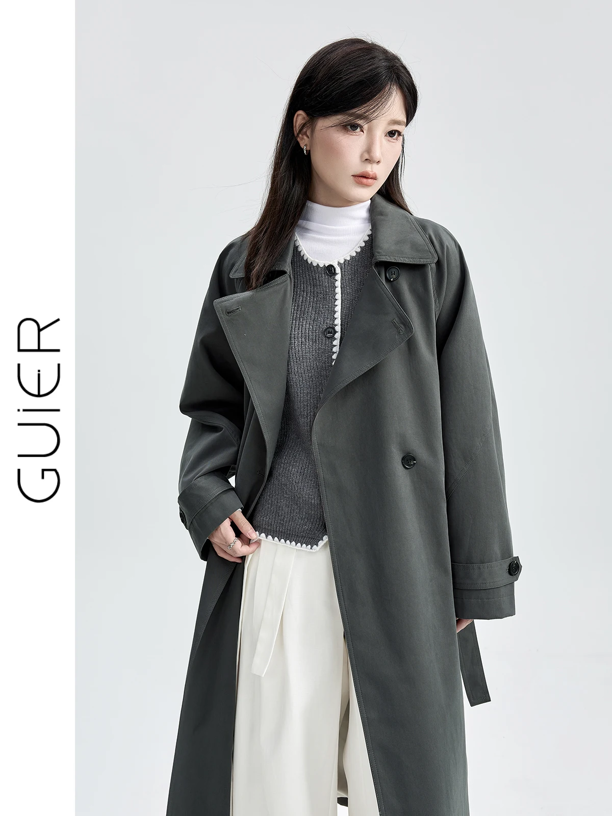 

Женское пальто Guier средней длины, осень 2025, элегантный дизайн, приталенное, двубортное, однотонное, для повседневной носки