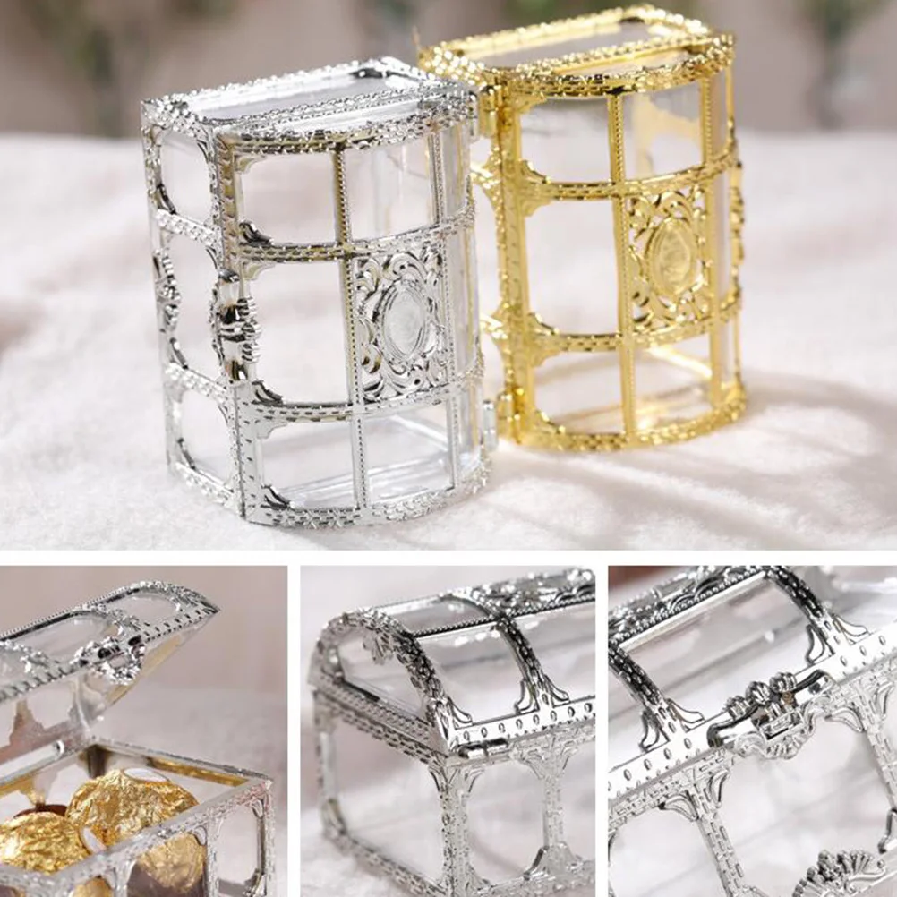 

Plastic Candy Box Treasure Chest Shape Sugar Containers Holder Gift Storage Case Party Supplies (Golden) (7.4x5.2x5cm)