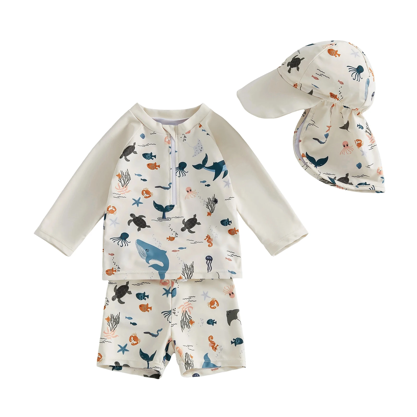 Baby Toddler Boy Swimsuit Rashguard Set Cute Marine Life Printed Long Sleeve Tops with Shorts, Hat 3 Pcs Swimwear
