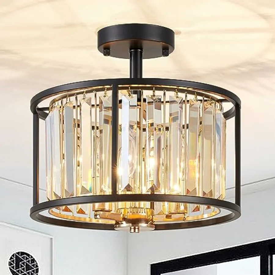 

CL005BB K9 Crystal Semi Flush Mount Ceiling Light Fixture E12 Base 3-Lights D13 x H15 Shade and Matte Finish Metal Frame