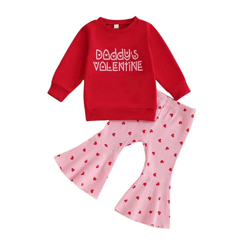 Toddler Girl Fall Outfit Letter Print Long Sleeve Sweatshirt Heart Print Ribbed Flare Pants Valentines Day Clothes