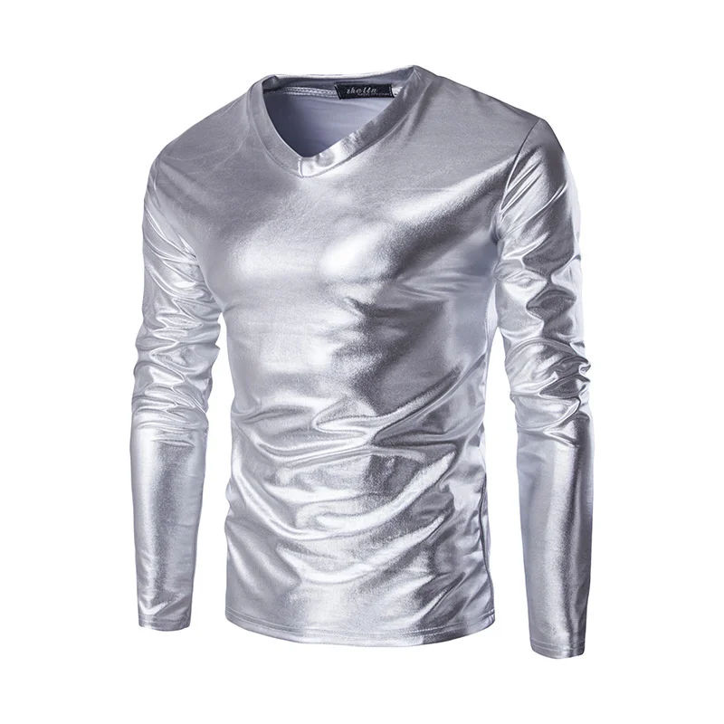 #4117 Spring Autumn Black Gold Silver T-shirt Men Long Sleeve Club Wear Slim Shinny Streetwear Hip Hop T Shirt Plus Size 4XL 5XL