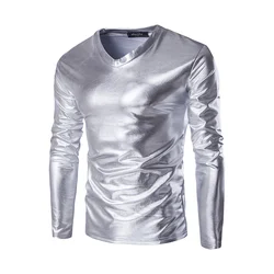 #4117 Spring Autumn Black Gold Silver T-shirt Men Long Sleeve Club Wear Slim Shinny Streetwear Hip Hop T Shirt Plus Size 4XL 5XL