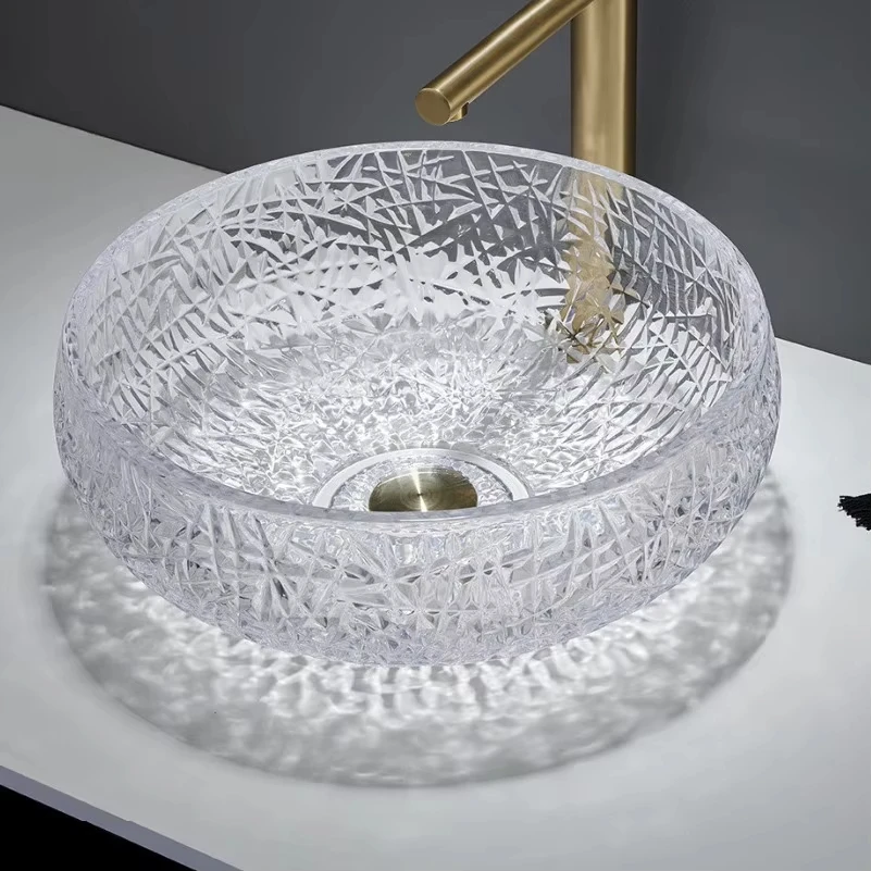 Luxury Iridescent Diamond Crystal Glass Vessel Sink Round Tempered Glass Bathroom Wash Basin Colorful Art Countertop Sink Hotel