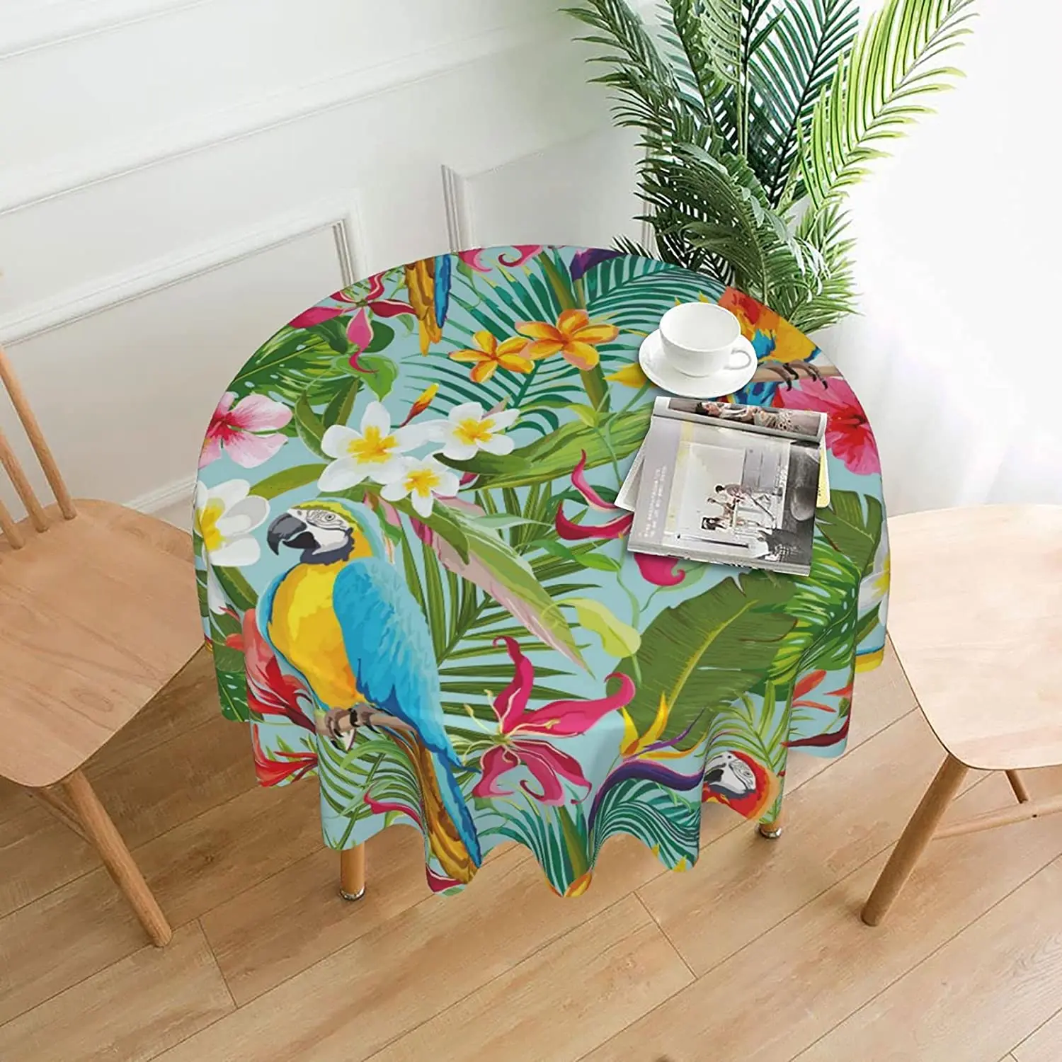 Tropical Plants and Parrots Print Round Tablecloth Picnic Water Resistant Spill Proof and Washable Tablecloth Ktchen and Holiday