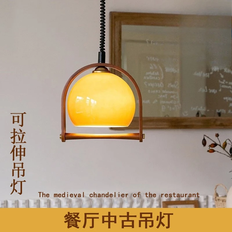 Medieval glass chandelier can be lifted and lowered restaurant solid wood silent wind retro island chandelier