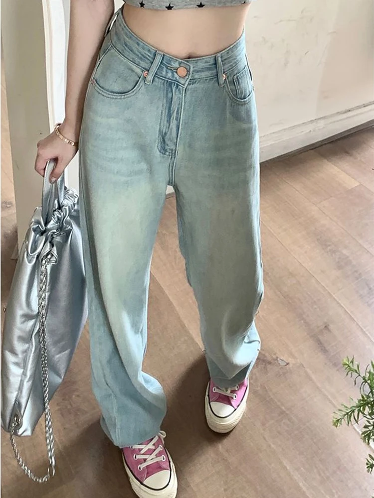 Ins 2024 Girls High Waist Summer Thin Straight Leg Jeans Female Light Blue Trashy Y2k 2000s Contrast Color Denim Wide Leg Pants