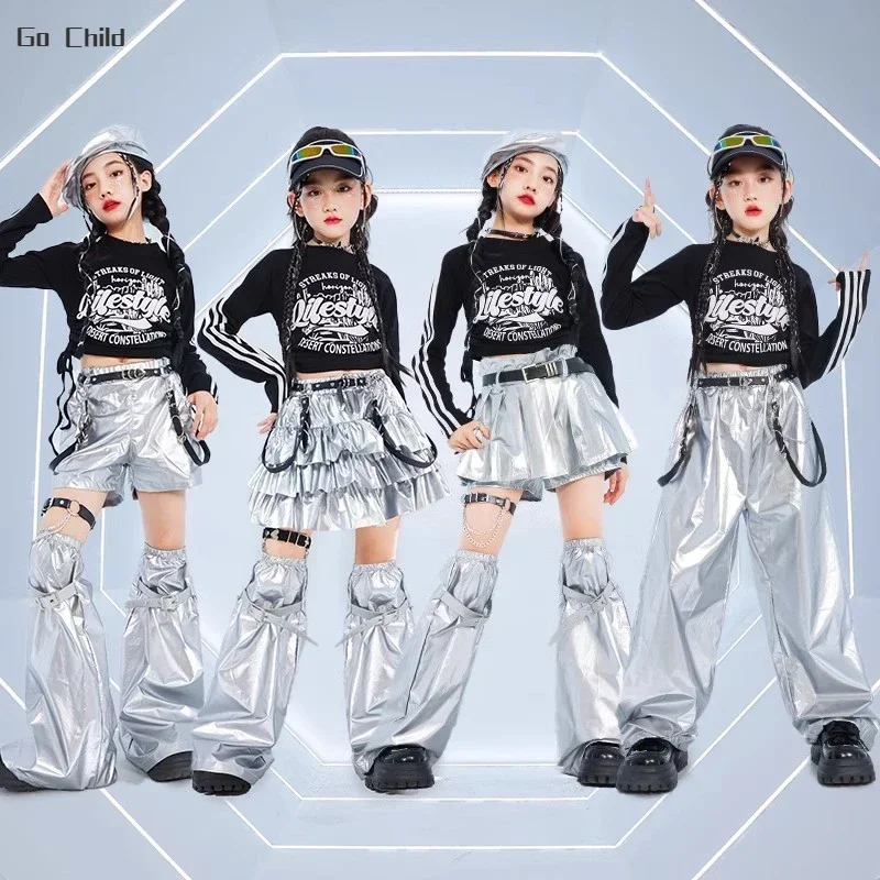 Girls K-pop Sweatshirt Street Dance Silver Pants Boys Hip Hop Shorts Shiny Clothes Set Kids Jazz Skirts Children Cool Streetwear