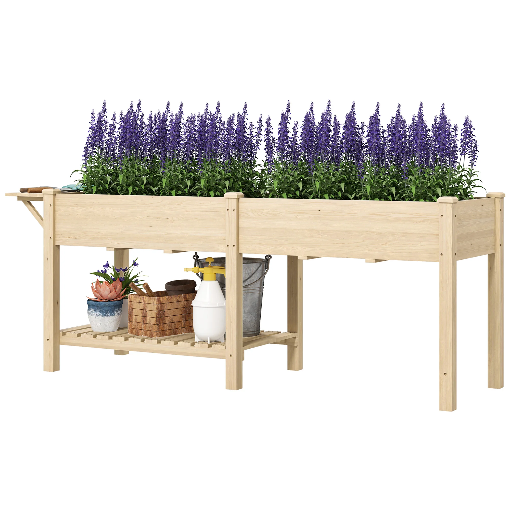 Planter Box, Elevated Wooden Planter with Bottom Shelf, Sturdy Construction, Drainage Holes, 207X59X78 cm Natural Wood