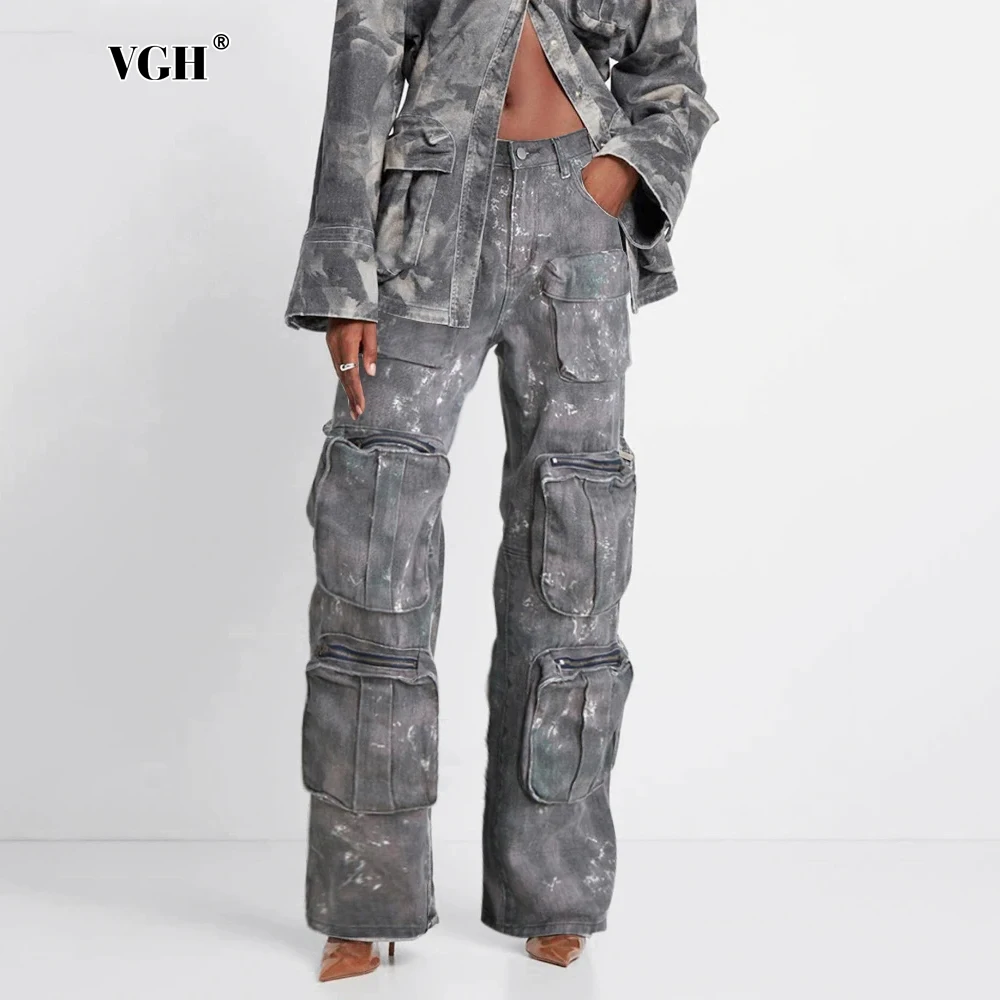 VGH Casual Patchwork Pockets Chic Loose Camouflage Trouser For Women High Waist Spliced Zipper Cargo Pants Female Fashion New