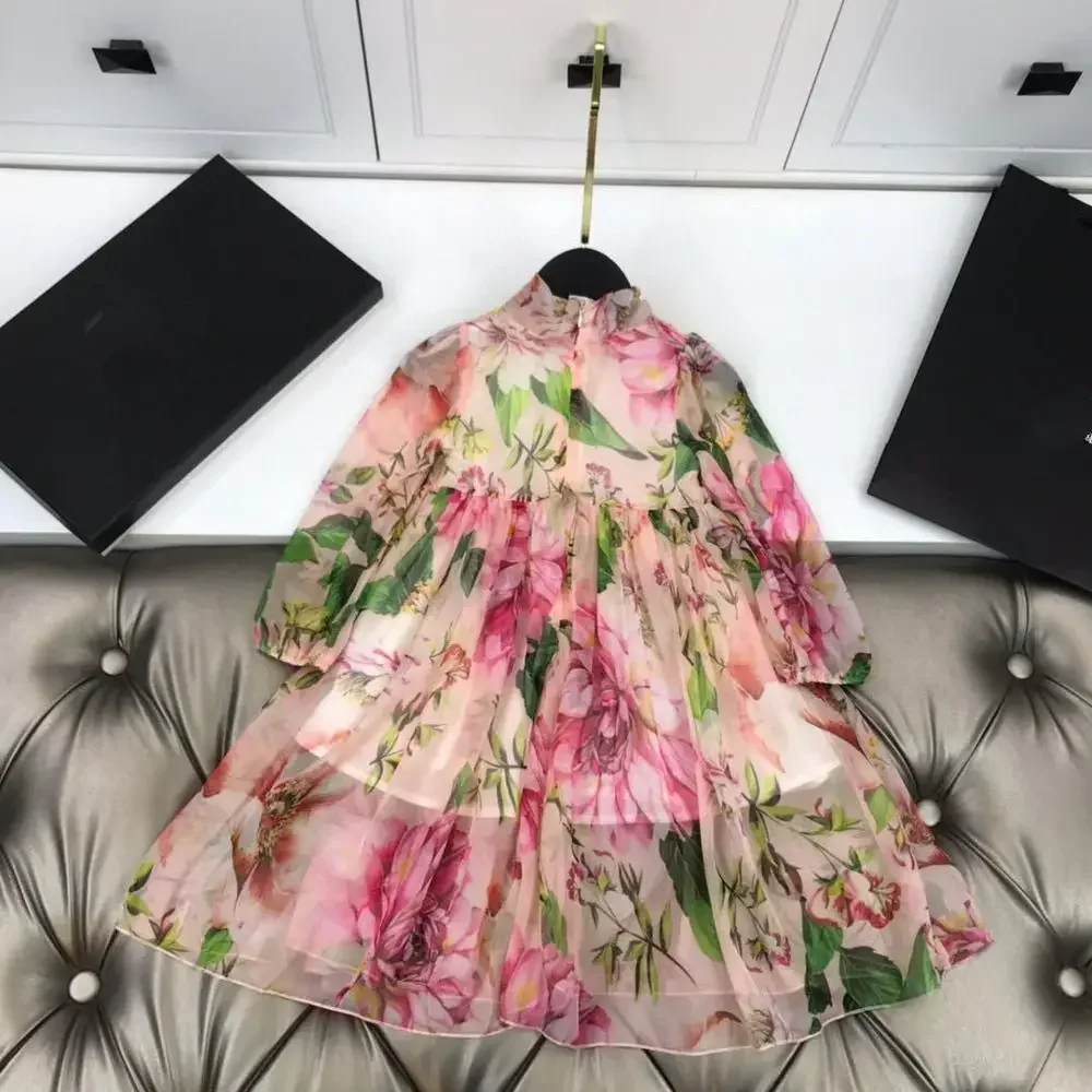 spring autumn childrens gitls flower dress chiffon voilet material with inner pure cotton princess dresses boutique kids clothes