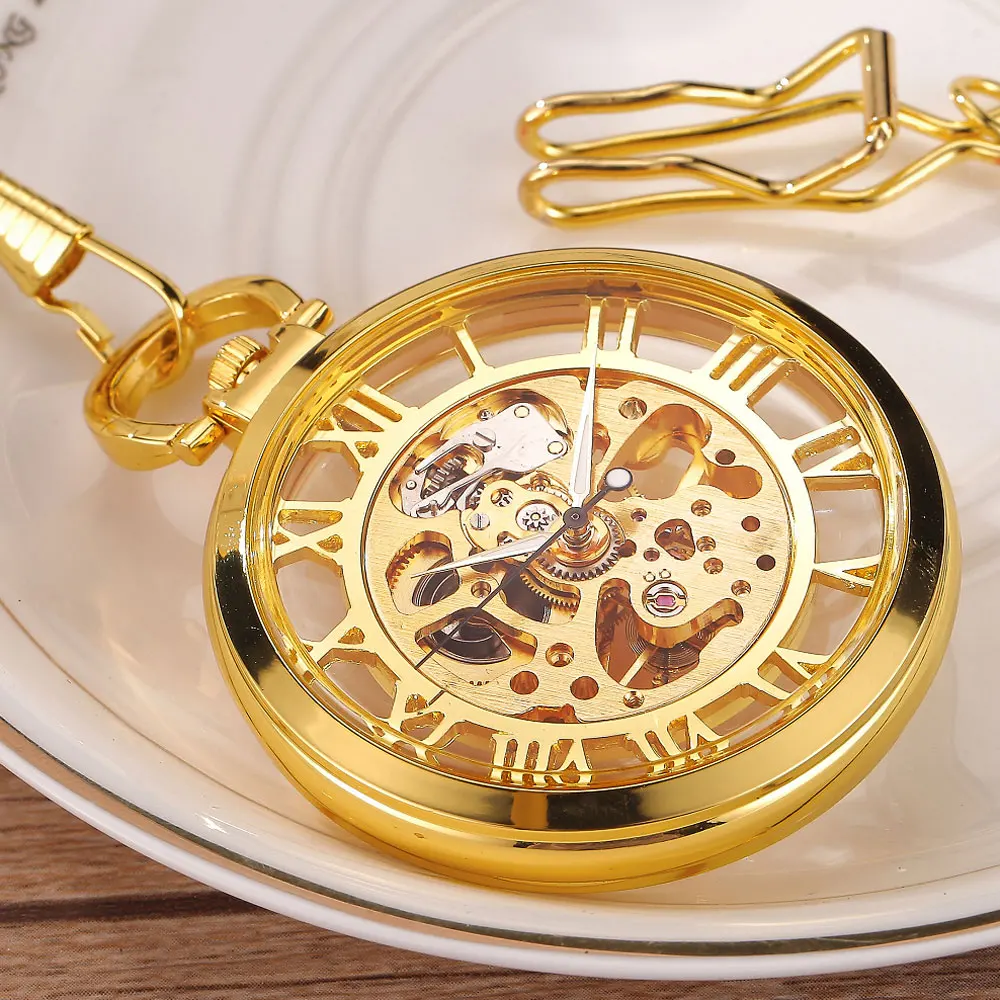 Vintage Hollow Mechanical Pocket Watch Hand-winding Luminous Necklace Pendant Steampunk Skeleton Men Women Chain Gift Clock