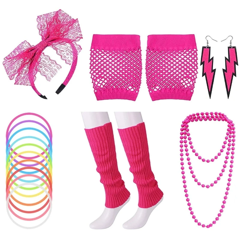 80s Dress Costume Accessories for 80s Party Dress-up Include Headband Earrings Fishnet Gloves Necklace Bracelet