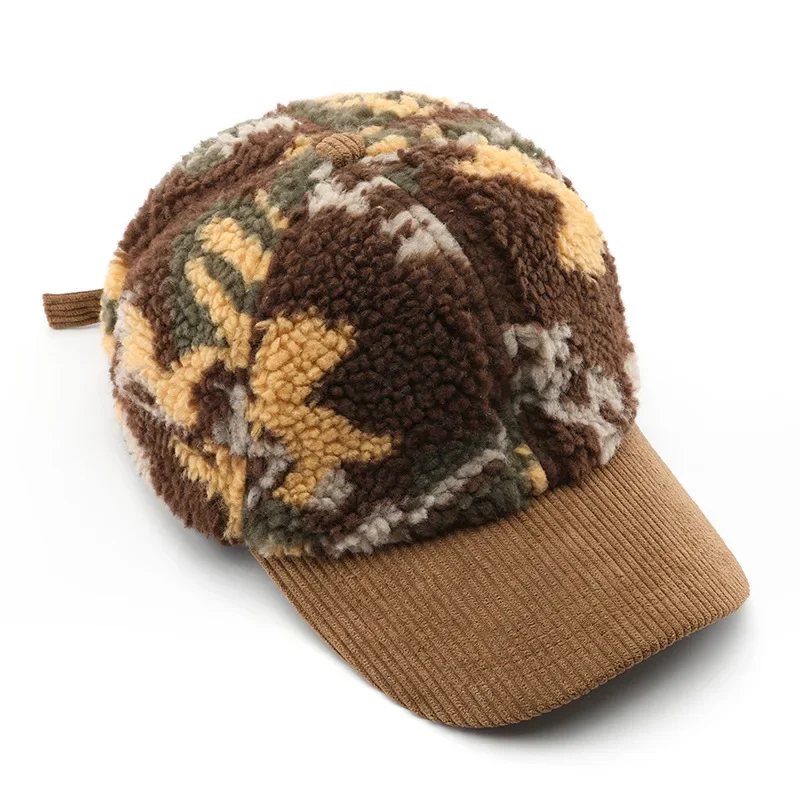 Camouflage Lamb Wool Baseball Cap Men Women Winter Thick Warm Adjustable Patchwork Hat Unisex Outdoor Windproof Dad Trucker Caps