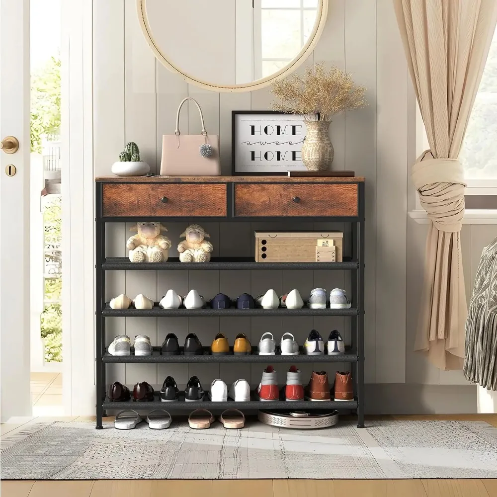 4/5 Tier Shoe Storage Organizer with 2 Drawers, Metal Shoe Shelf for 12-20 Pairs of Shoes,with 3/4 Fabric Shelves and Wooden Top