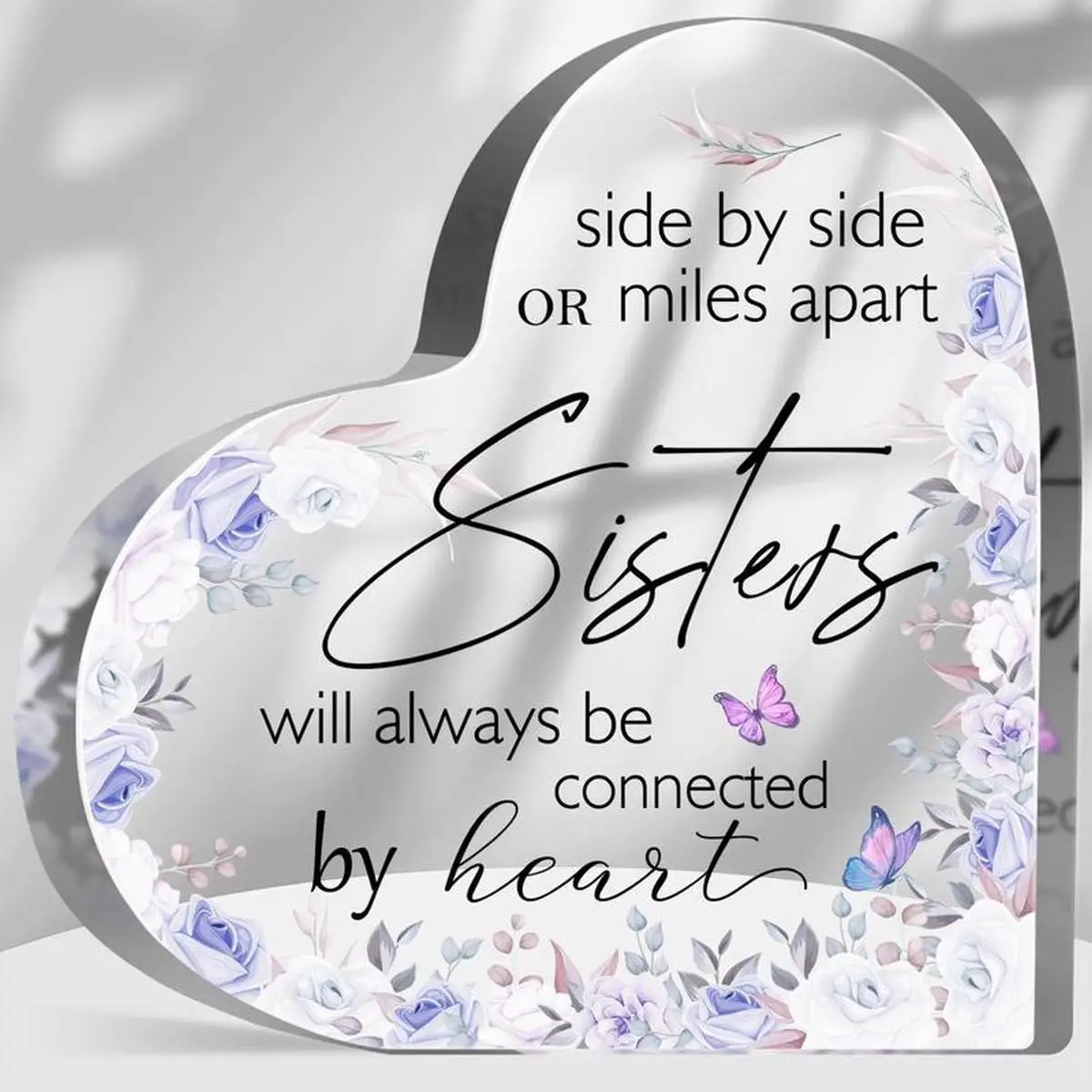 Heart Acrylic Plaque For Sisters, Purple Floral Butterfly Desktop Decor Friendship gift for women