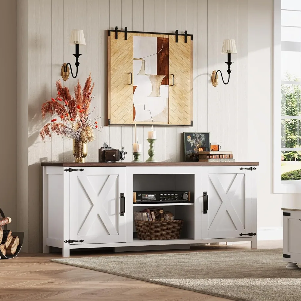 

Modern Farmhouse TV Stand for TVs up to 65", Entertainment Center with X-Shaped Barn Doors, Large Storage Media TV, Customized