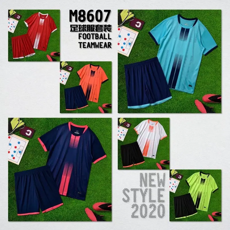 Summer brand football wear blue red white jersey custom short-sleeved T-shirt shorts set  8607