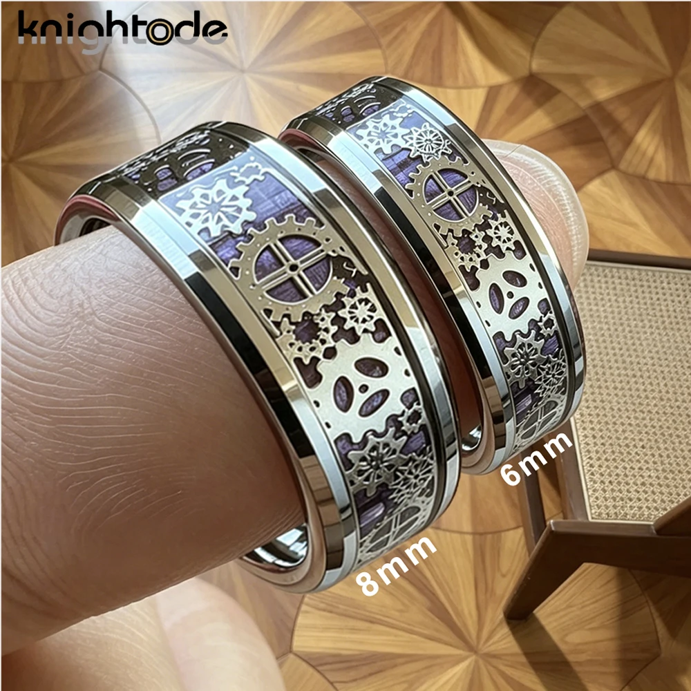 8mm Carbon Fiber Inlay Mechanical Gear Wheel Tungsten Carbide Rings Wedding Band Beveled Edges Polished Comfort Fit