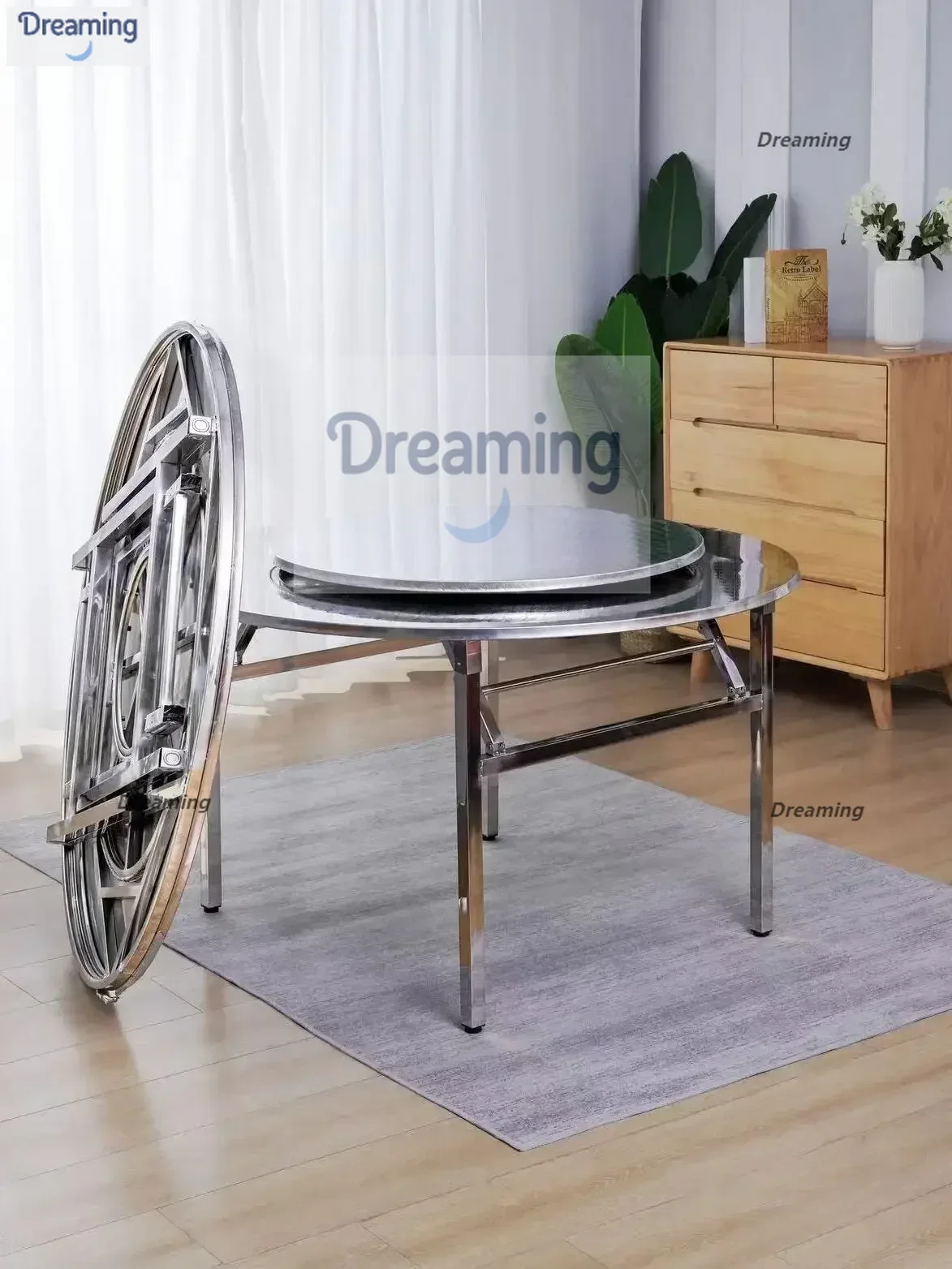 

Thickened stainless steel folding round table with turntable table Outdoor barbecue stall folding round table Household banquet