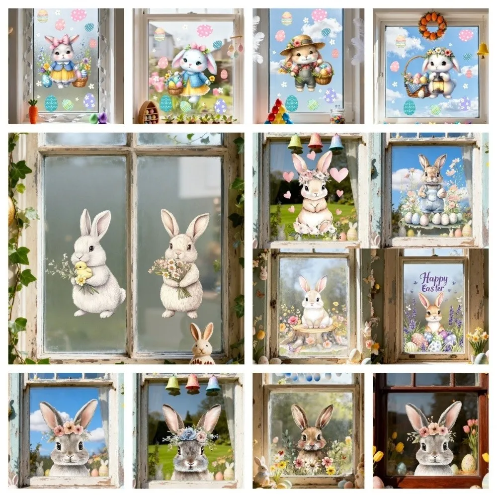 New Easter Flower Rabbit Sticker Self-Adhesive PVC Festival Party Sticker Waterproof Removable Wall Decal Glass Decoration