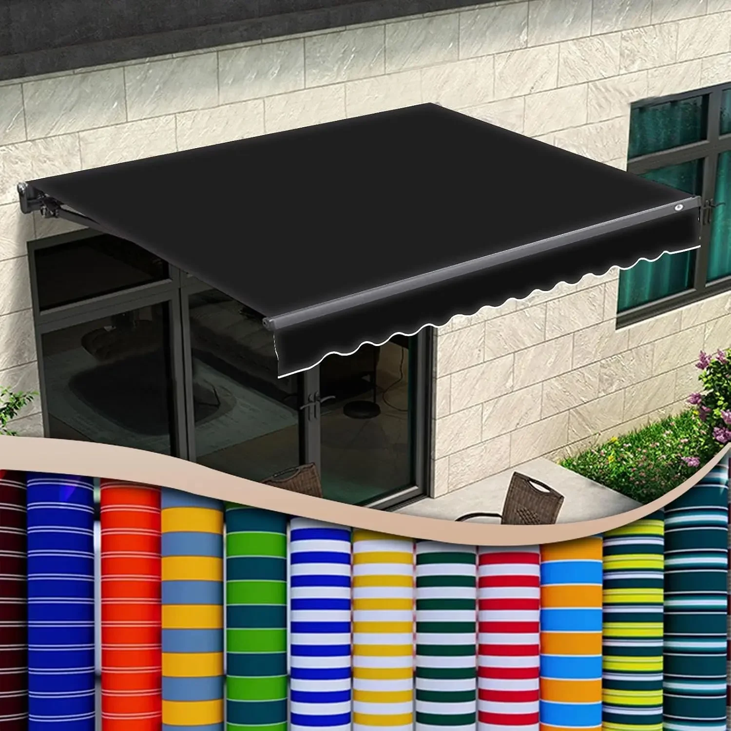 Retractable Patio Awning Fabric Replacement UV Resistant & Windproof Outdoor Canopy Top Cover for Doors & Windows - 12x10ft Blac