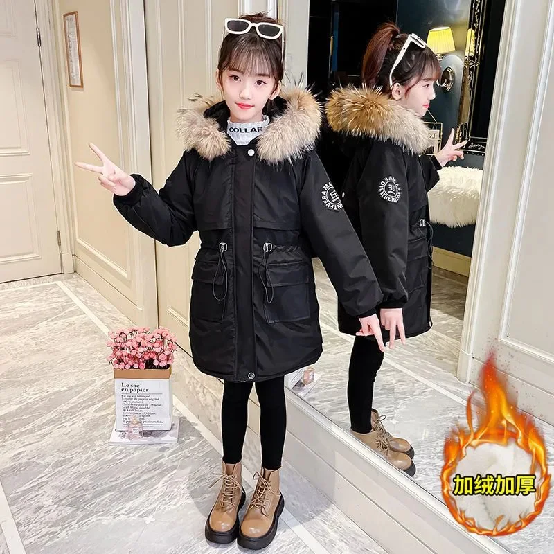 Girls Winter Fashion Parka New Cotton Outerwear Teenager Clothes Mid-length Velvet Thickened Hooded Coat Snowsuit 8 10 12 14 Yrs