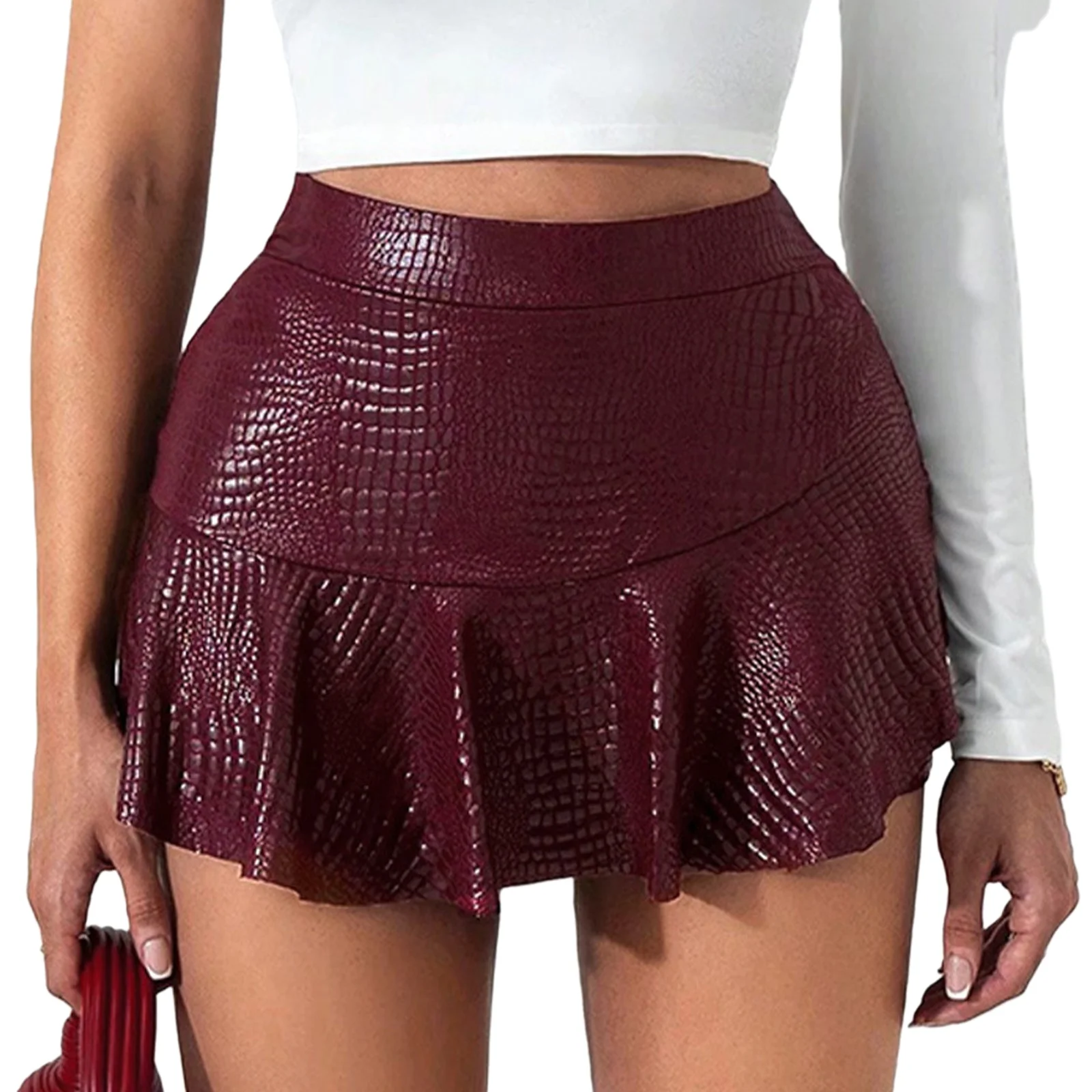 

Womens Faux Leather Culottes Crocodile-skin Texture Elastic High Waist Shorts with Ruffled Overlap Front Stylish Shorts Clubwear