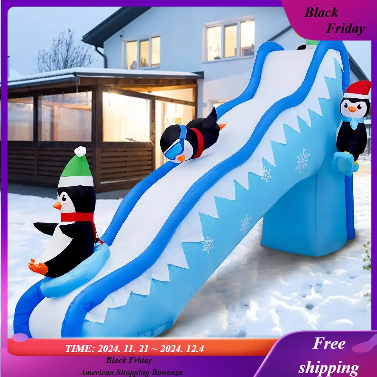 6FT Christmas Inflatables Penguin Slide Blow Up Christmas Decorations Outdoor Build-in LED Lights Penguin Inflatab