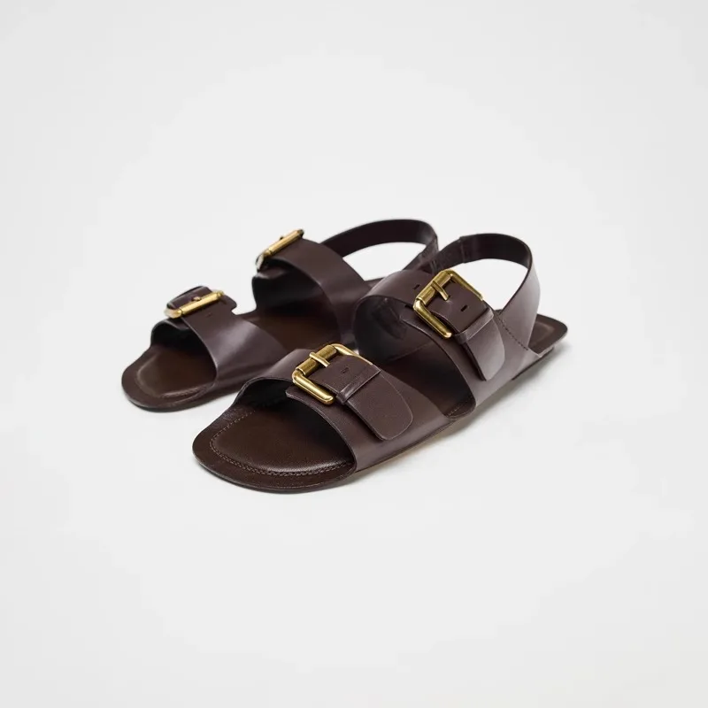 

Banyiyou Casual Flats Sandals Women 2025 Summer New Retro One-button Roman Sandal Brown Leather Vacation Beach Shoes Sandalias