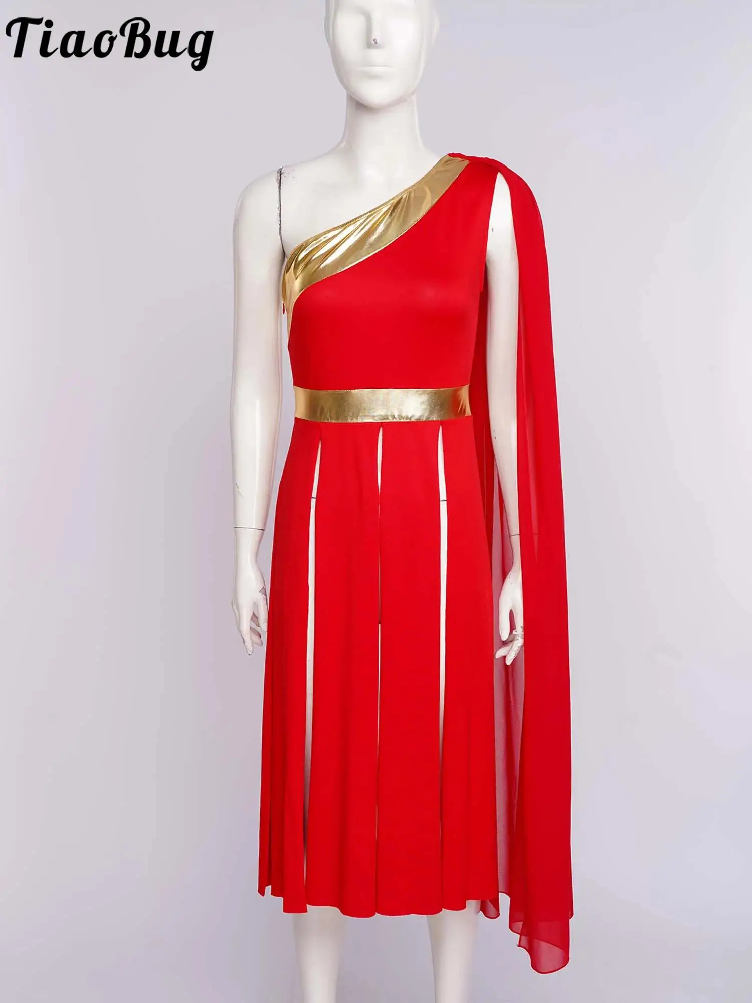 

Womens Lyrical Worship Praise Dance Dress One Shoulder with Drape Sleeveless Slit Hem Tunic Dress Halloween Roman Queen Costume