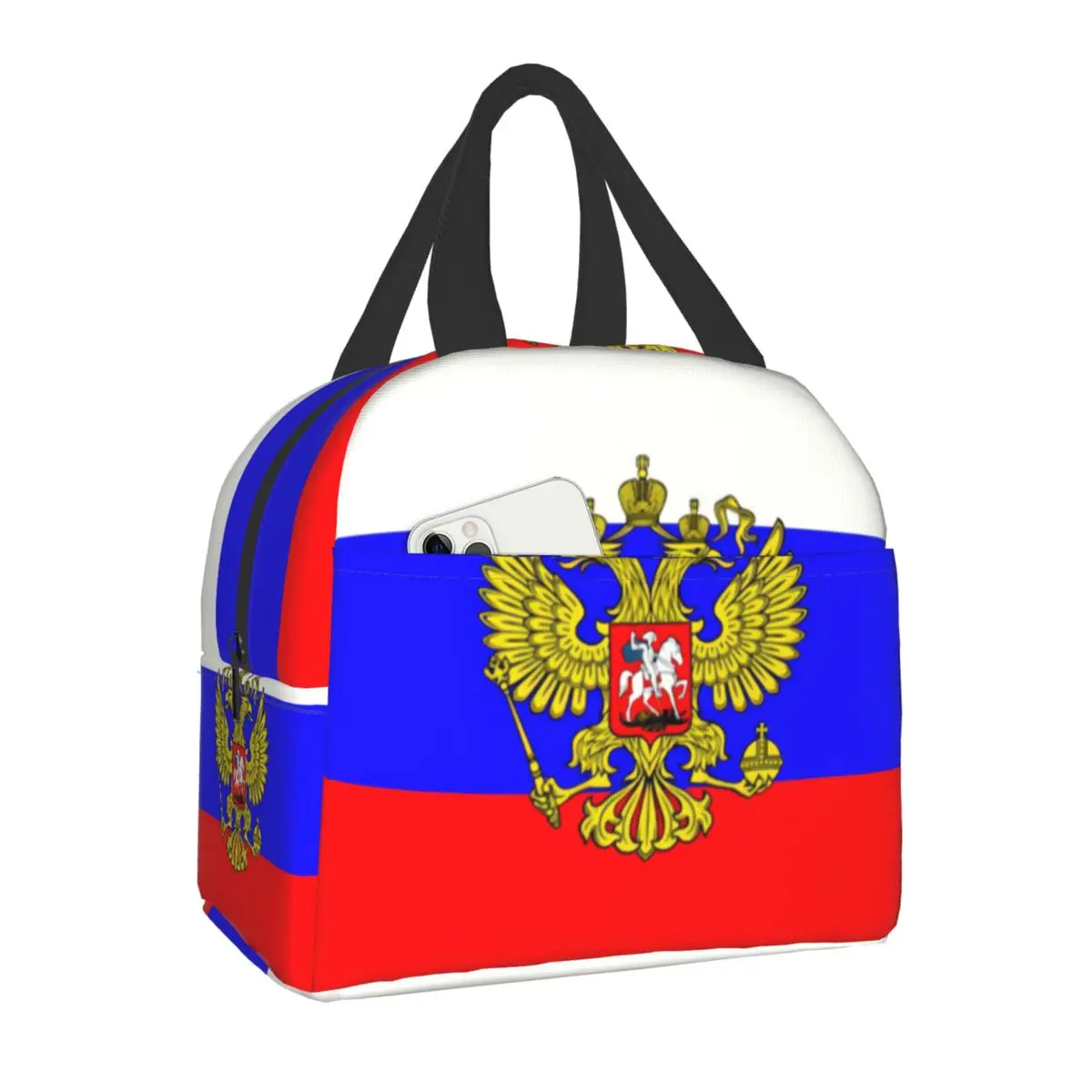 Russian Flag Insulated Lunch Bag for Women Waterproof Coat of Arms of Russia Cooler Thermal Lunch Box Beach Camping Travel