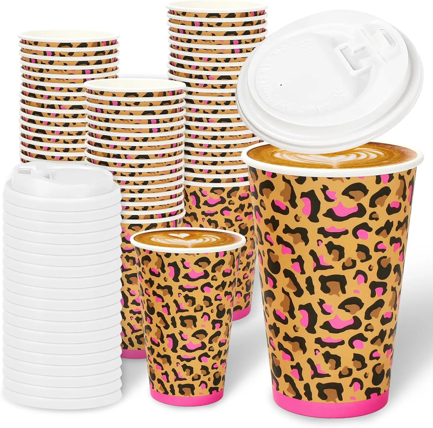 

50Pcs Leopard Print Coffee Cups 16 Oz Paper Cup with Lid Pink Animal Spot Disposable Drinking Cups for Birthday Baby Sho