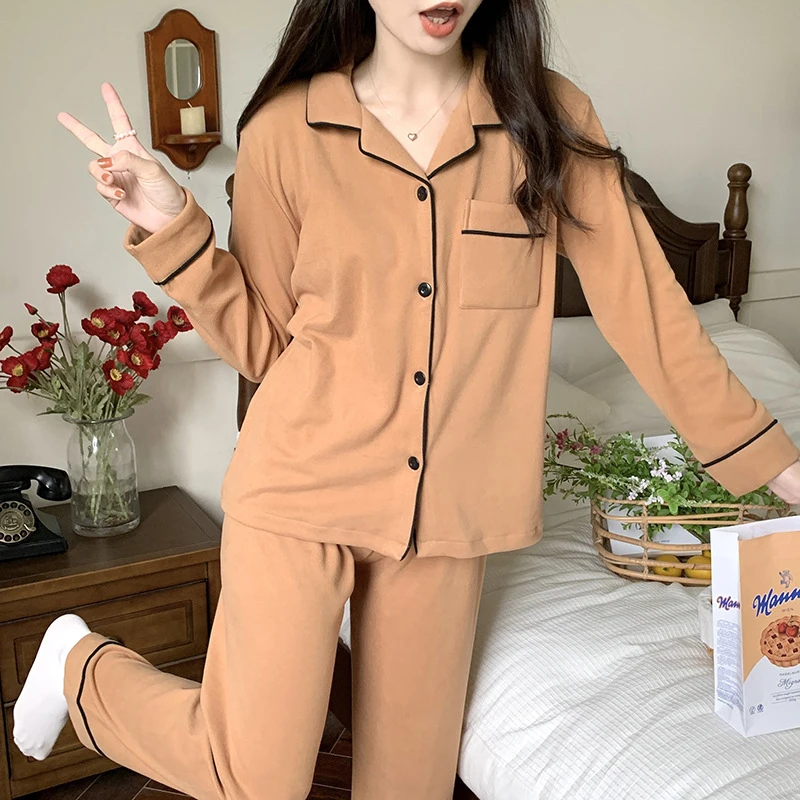 Velvet Pajamas Women Winter Long Sleeved Pants Home Wear Casual Simple Comfortable Warm Cardigan Nightwear Flannel Sleepwear